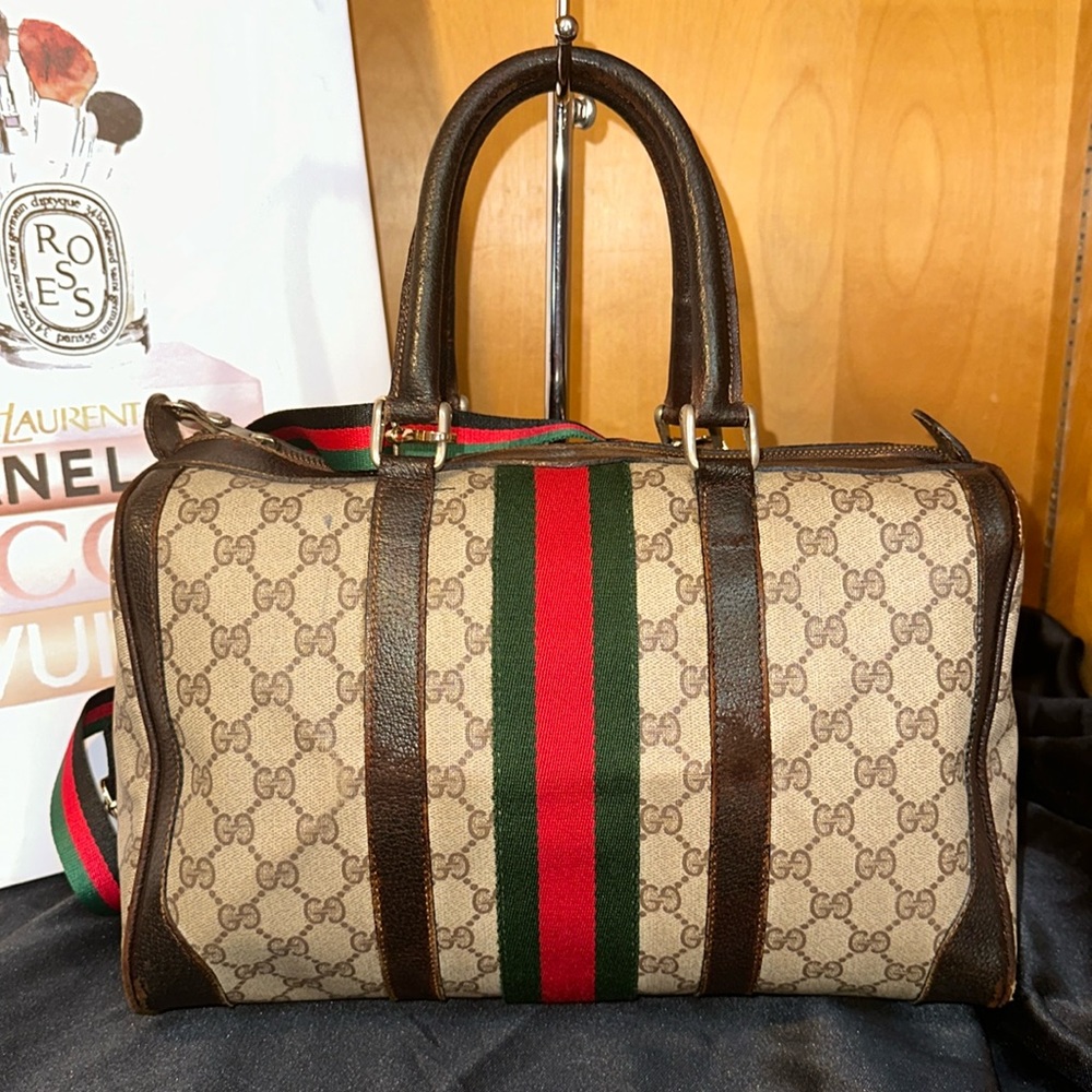 GG Supreme Monogram Web Medium Ophidia Boston Bag
